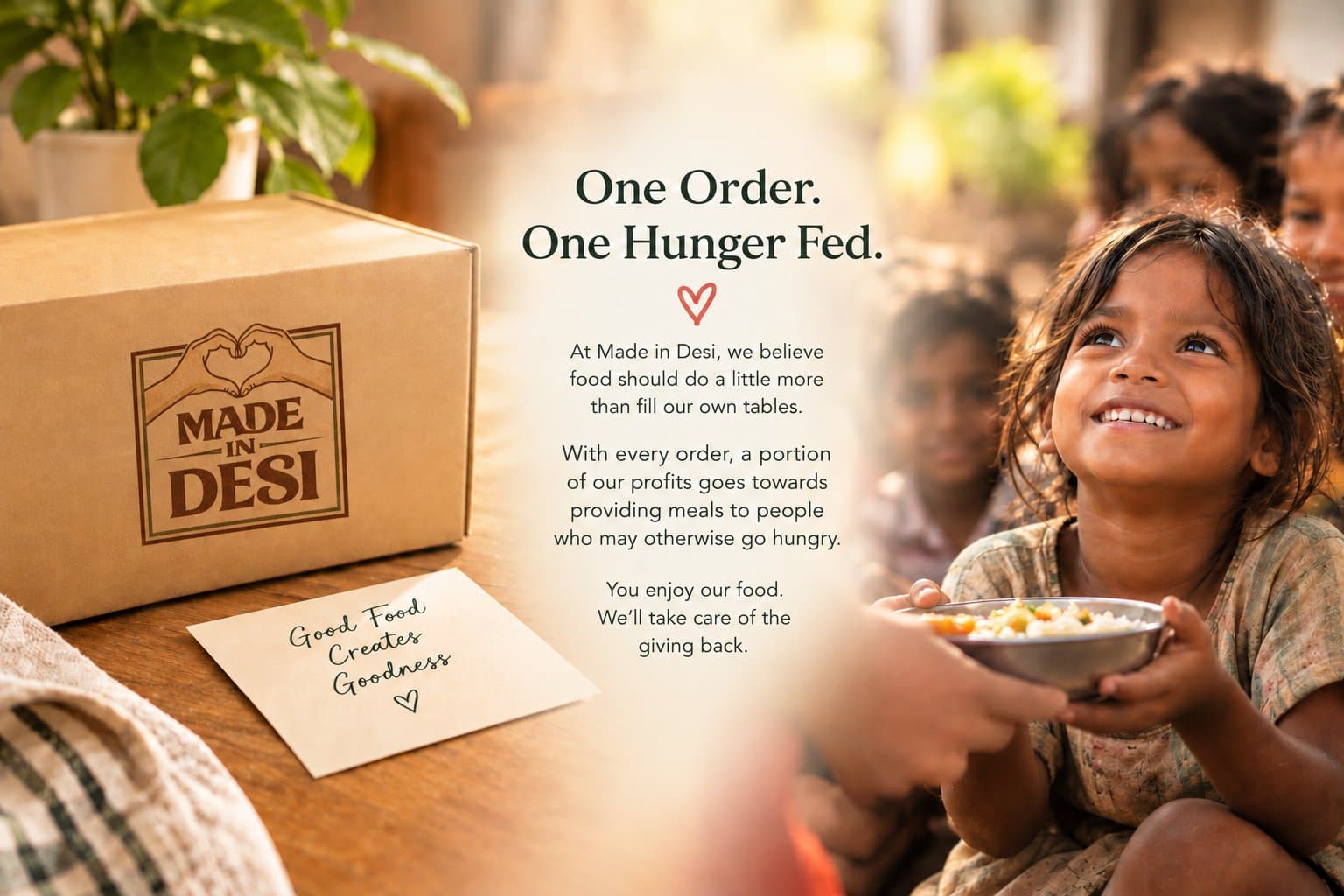 A Made in Desi parcel on a wooden table beside a note reading “Good Food Creates Goodness”, and a smiling young girl being handed a bowl of food. The words read: One Order. One Hunger Fed.